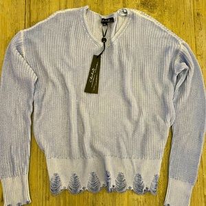 Charlie B Let’s Unwind, Cold Dye sweater. Cerulean Blue,  distressed. Size L